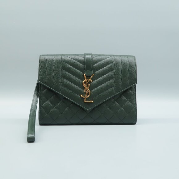 SAINT LAURENT Envelope Green Leather Clutch Bag - Picture 1 of 12